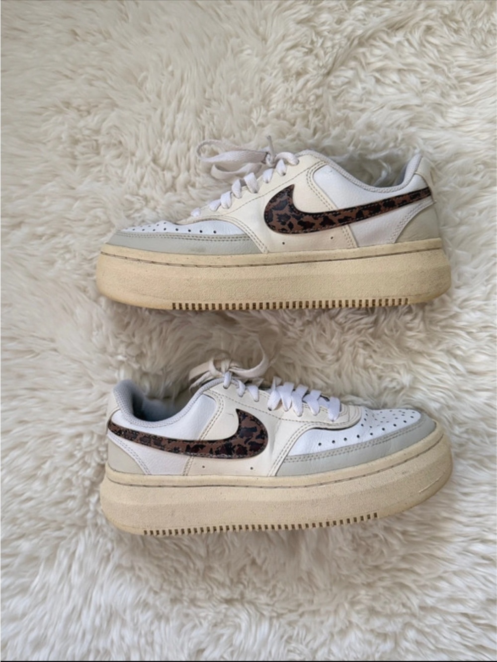 Nike Women's White Platform Sneakers with Leopard Swoosh Accent